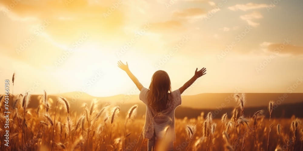 Poster a woman standing in a field with her arms raised, suitable for various concepts and projects