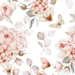 Seamless pattern with bouquets of flowers and butterflies. Spring roses in watercolor style