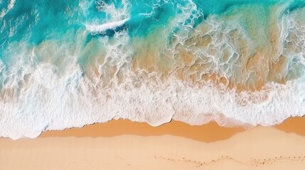 Obraz premium Beach and waves from above. Turquoise water background with top view. Summer seascape from the air.