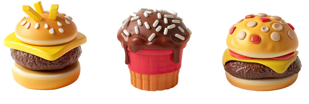 Stylized dessert items resembling fast food: a cheeseburger with fries on top, a dripping chocolate ice cream cone, and a candy-decorated cheeseburger, isolated on a transparent background
