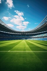 A soccer field with a clear blue sky background. Suitable for sports and outdoor activities concepts
