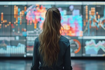 A woman is seen standing in front of a large display showcasing various graphs. She is observing the graphs and analyzing the data presented