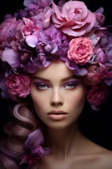 Fototapeta premium A stunning woman is seen with various blossoming flowers delicately placed in her hair, creating a charming and ethereal look
