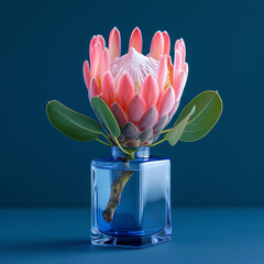  Royal protea flower in a transparent blue glass vase. - 740167386