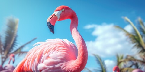 Fototapeta premium A pink flamingo standing gracefully in front of lush palm trees. Perfect for tropical themed designs