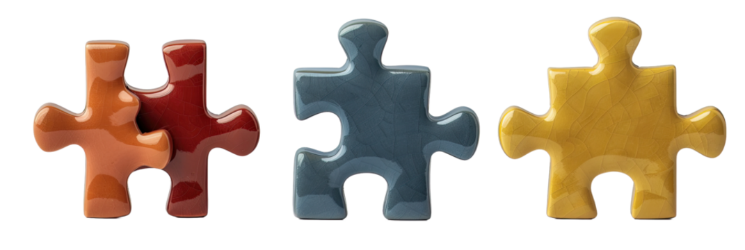Three puzzle pieces in red, blue, and yellow, each with a unique texture, isolated on a transparent background. - Powered by Adobe