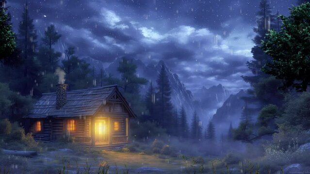 Fantasy raining mist nature landscape background with Traditional house and night sky animation background