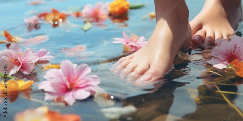 Poster a person standing in a pool of water with flowers, perfect for nature and relaxation concepts