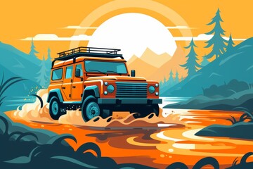 
A clean, stylized illustration of an off-road vehicle crossing a river, with simple lines representing water flow and vehicle movement