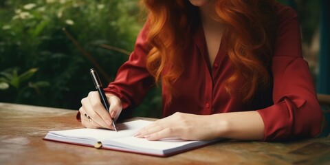 A woman in a red shirt writing on a notebook. Suitable for educational and business concepts