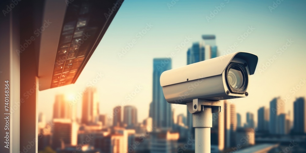 Poster surveillance camera overlooking cityscape, suitable for security concepts