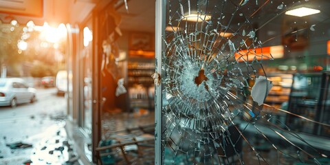 Burglary at retail store with looters breaking in and causing destruction. Concept Suspicious Activity, Theft, Vandalism, Retail Security, Crime Prevention - obrazy, fototapety, plakaty