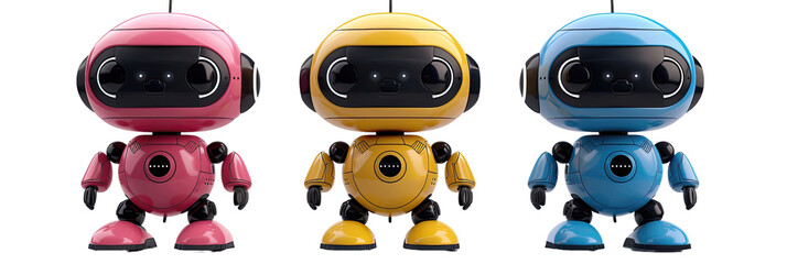 Three cute cartoon astronaut robots in blue, yellow, and pink colors.