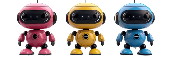 Three cute cartoon astronaut robots in blue, yellow, and pink colors.