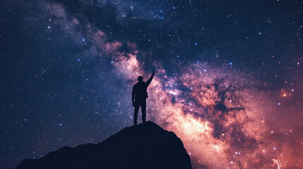 Fototapeta na wymiar Man standing on top of the mountain and looking at the milky way .