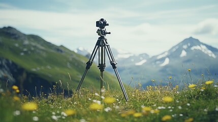A tripod sitting on top of a grass covered field. Ideal for photography and outdoor activities