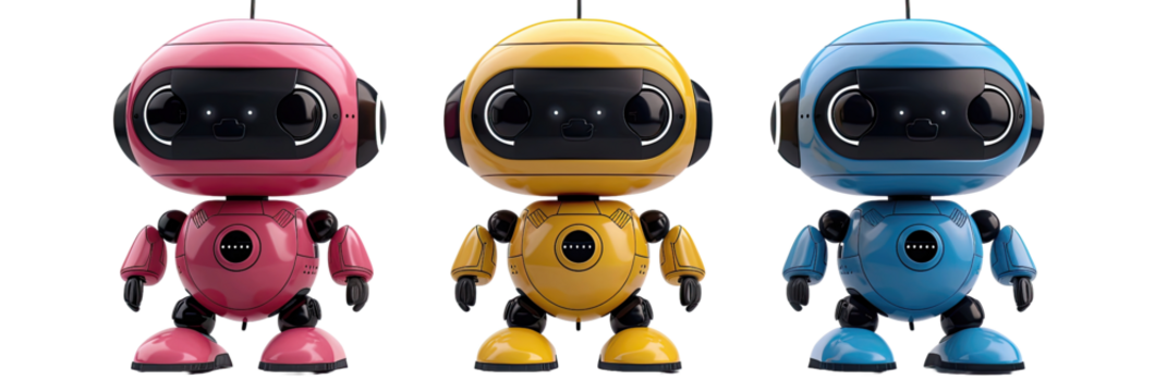 Three cute cartoon astronaut robots in blue, yellow, and pink colors.