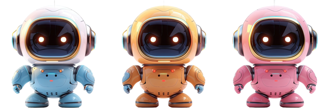 Three cartoonish space robots with glowing eyes in blue, orange, and pink.