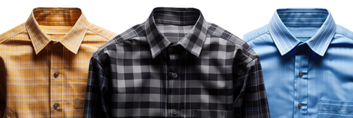 Three collared shirts in yellow, black, and blue plaid patterns