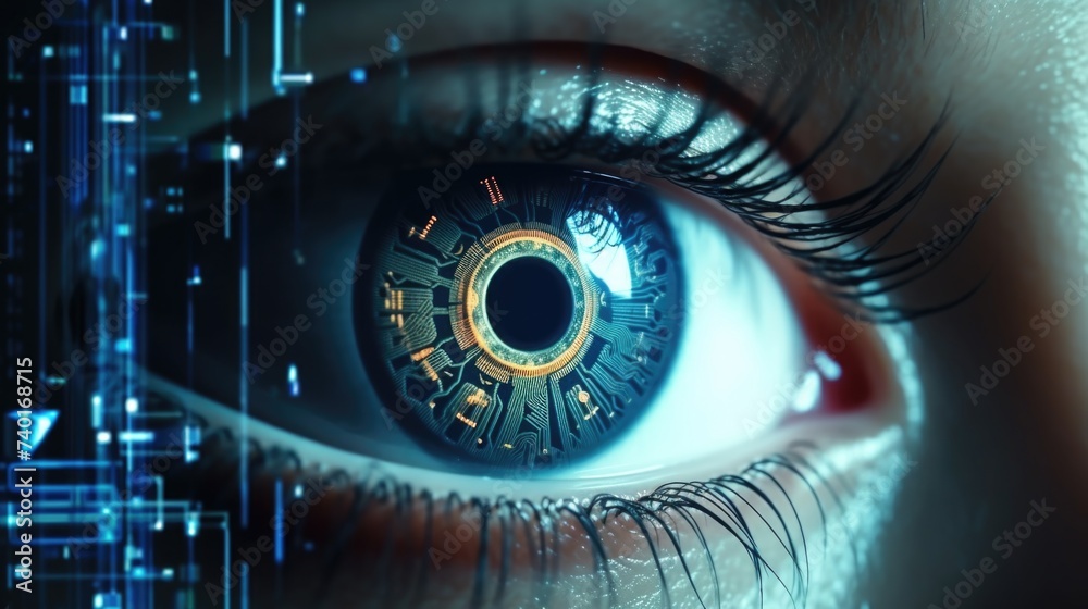 Aufkleber Close up of a person's eye with a circuit in the background. Suitable for technology and cyber security concepts