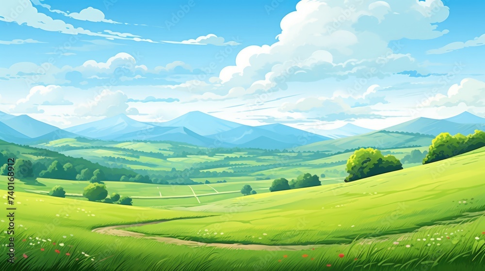 Poster a scenic view of a green field with mountains in the background. perfect for nature and landscape co