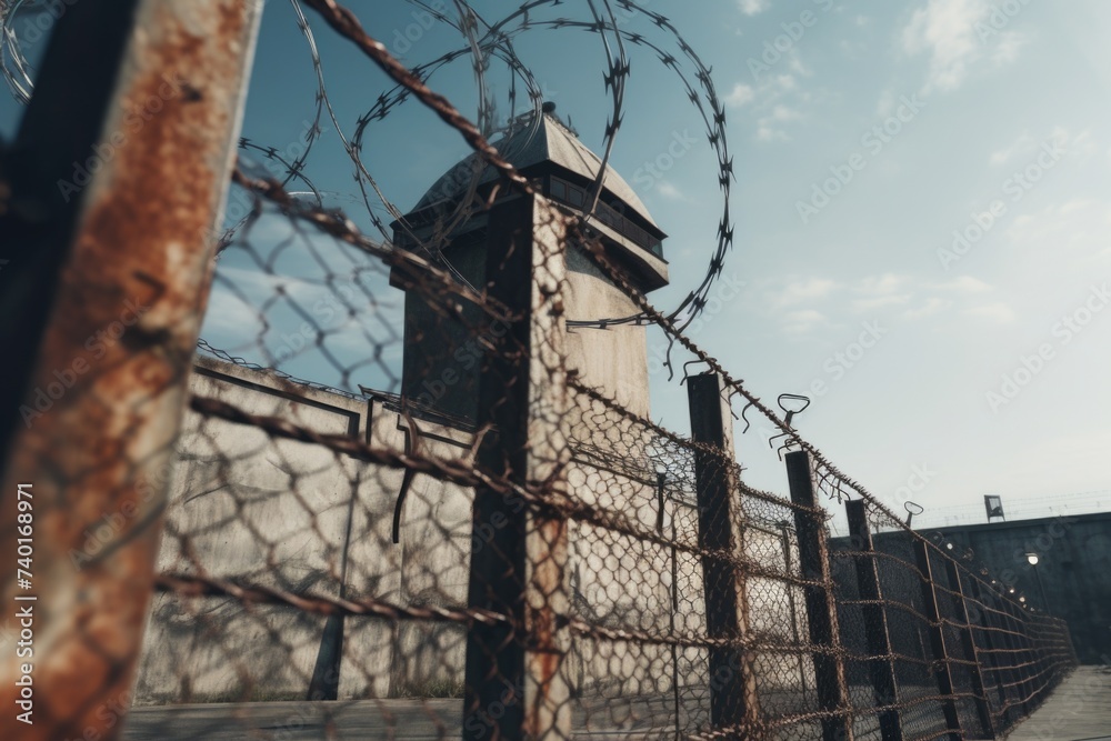 Poster A fence with barbed wire for security purposes. Suitable for concepts related to security and boundaries