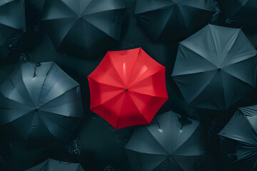 The red umbrella stands out from the crowd. Design background to demonstrate leadership and exclusivity