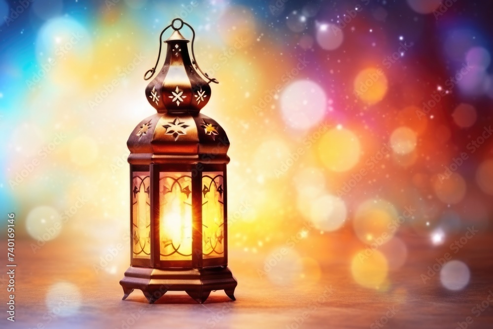 Aufkleber A glowing lantern on a table with bokeh lights in the background. Perfect for adding a cozy atmosphere to any design project
