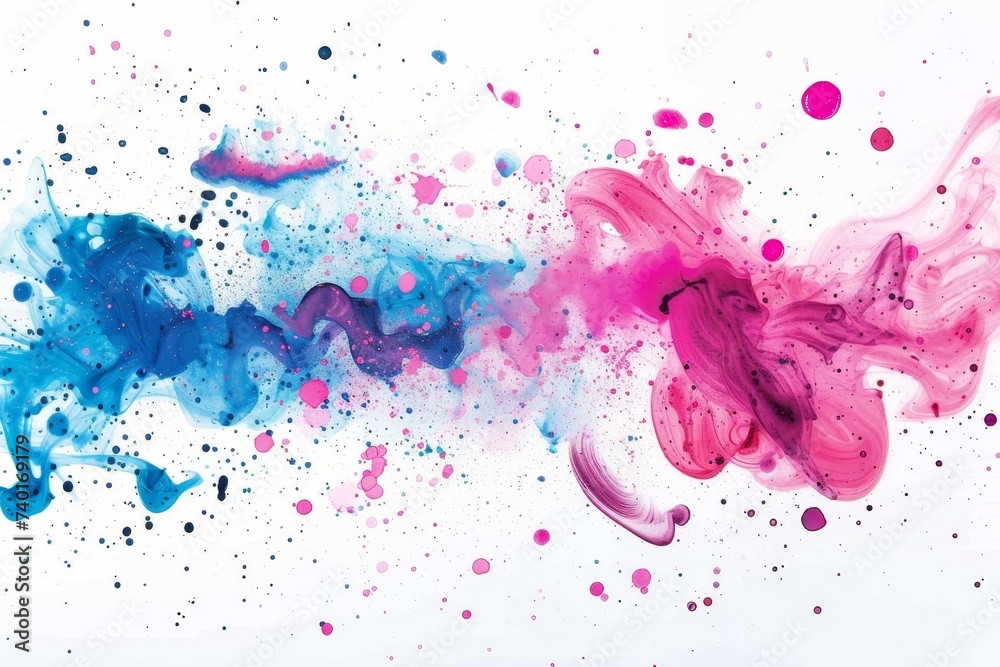 Poster dynamic group of different colored inks spreading and mixing on a white surface, creating a vibrant and artistic display of colors