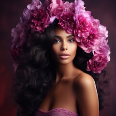 woman with flowers delicately arranged in her hair, adding a touch of natures beauty to her appearance