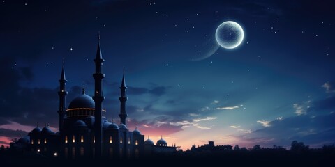 Night scene of a mosque with a crescent in the sky. Suitable for religious and cultural themes