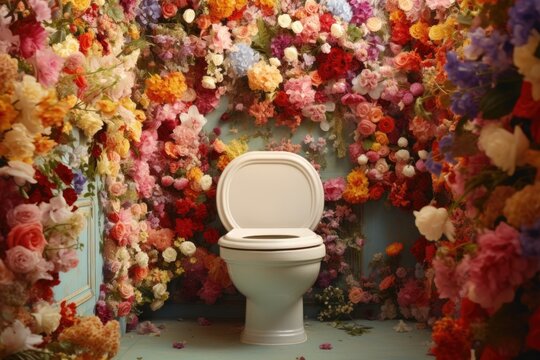 A white toilet placed in front of a colorful wall of flowers. Suitable for bathroom design concepts