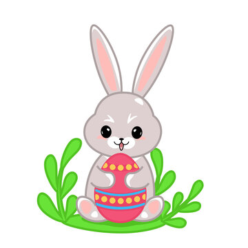 Cute Easter bunny rabbit holding a colorful Easter egg, greeting card, decorative element, vector illustration isolated on white background.