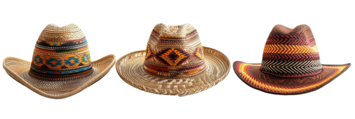 Traditional woven Mexican hats with colorful patterns on a transparent background.
