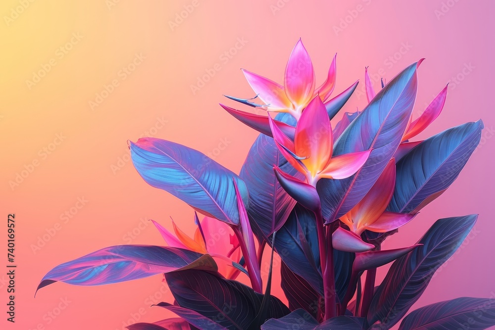 Poster A colorful display of various tropical flowers arranged in a beautiful bunch, carefully placed on a table, creating a vibrant and inviting atmosphere