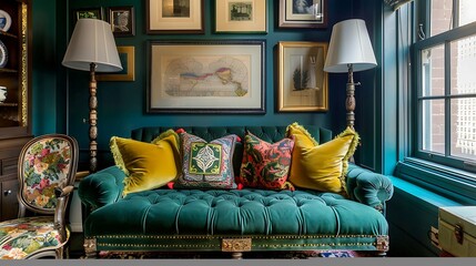 a guest room with a velvet settee in deep emerald green, serving as a stylish focal point