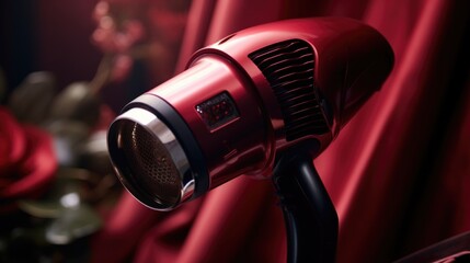 A red blow dryer placed on a table, ideal for beauty and haircare concepts