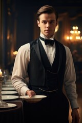 A man in formal attire holding a plate. Suitable for catering or event planning concepts