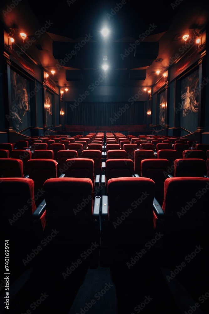 Poster An empty theater with rows of red seats. Ideal for theater and entertainment concepts