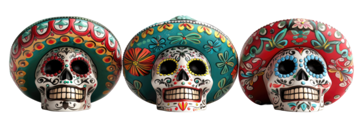 Three colorful Day of the Dead sugar skulls in a row.