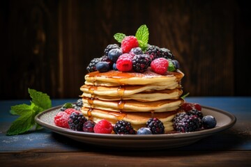 Delicious stack of pancakes topped with fresh berries and sweet syrup. Perfect for breakfast or brunch menus