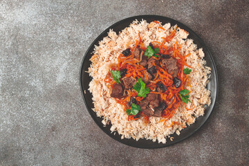 Kabuli pulao, pilaf, the national dish of Afghanistan, rice with meat , homemade, no people,