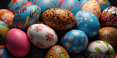 Fototapeta premium A pile of brightly colored Easter eggs on a table. Perfect for Easter holiday celebrations