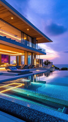 Swimming pool of luxury modern villa on the beach at twilight