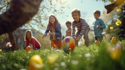 Group of children having fun with a colorful Easter egg. Perfect for Easter holiday concepts