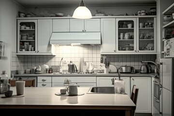 Modern kitchen interior with white cabinets and wooden table. Perfect for home decor websites