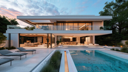 Obraz premium Of modern cozy house with pool and parking for sale or rent in luxurious style and beautiful landscaping on background. Clear summer evening with blue sky .