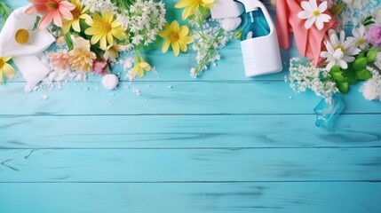A blue table with colorful flowers and a bottle of cleaner. Perfect for household cleaning products advertisement - obrazy, fototapety, plakaty