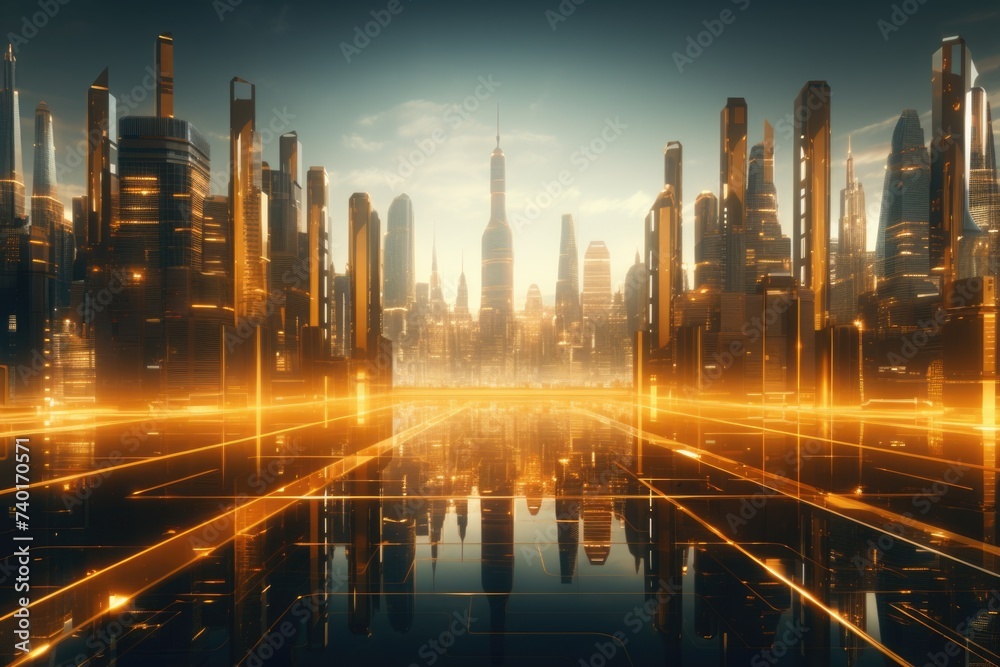 Poster modern urban skyline with towering skyscrapers. suitable for architectural and cityscape concepts