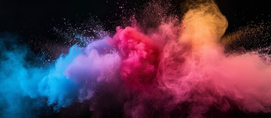 Colored splash explosion of multi-colored powder on a dark background. Holi celebration concept in India, background for holiday advertising and creative products or projects, banner with copyspace
